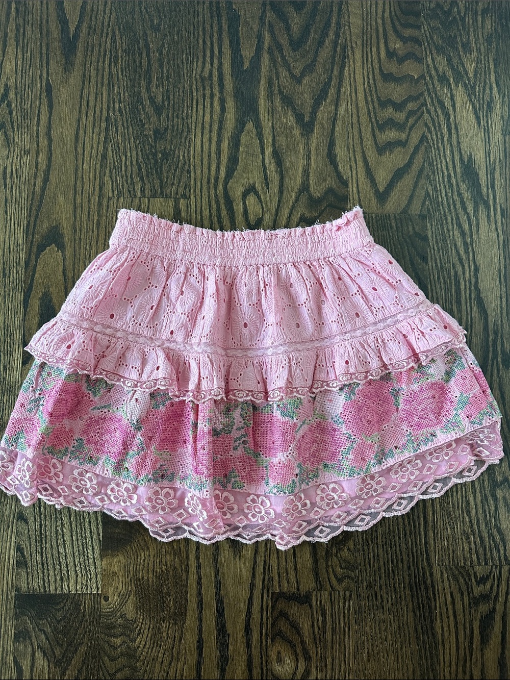 Love Shack Fancy Pink Floral Eyelet Tiered Skirt